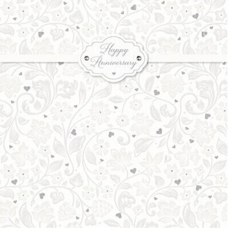 Happy Anniversary Bouquet Greetings Card by Paper Rose This pretty Anniversary greetings card has Happy Anniversary written on the front on an embossed cream and siver flower background.  This card is perfect to send to someone celebrating an Anniversary and has With Love On This Special Day written inside. It comes complete with a red envelope and is a lovely card designed by Avocado Designs from Paper Rose.